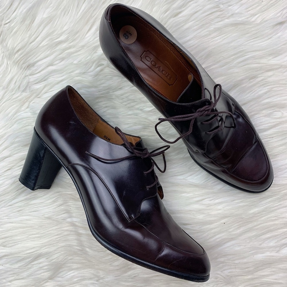 Coach Oxford Lace Up Leather Block Heel Dress Ankle Boot Dark Brown Size 8.5